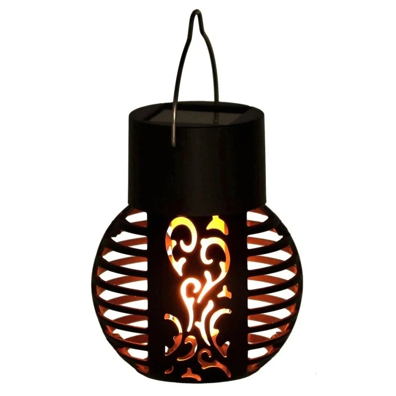2+2 GRATIS: Lampa solara de gradina, efect de flacara, cu suport de agatare, lumina calda, dimensiuni 7 X 7 X 9 Cm, din ABS si plastic, negru
