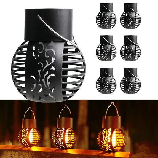 2+2 GRATIS: Lampa solara de gradina, efect de flacara, cu suport de agatare, lumina calda, dimensiuni 7 X 7 X 9 Cm, din ABS si plastic, negru