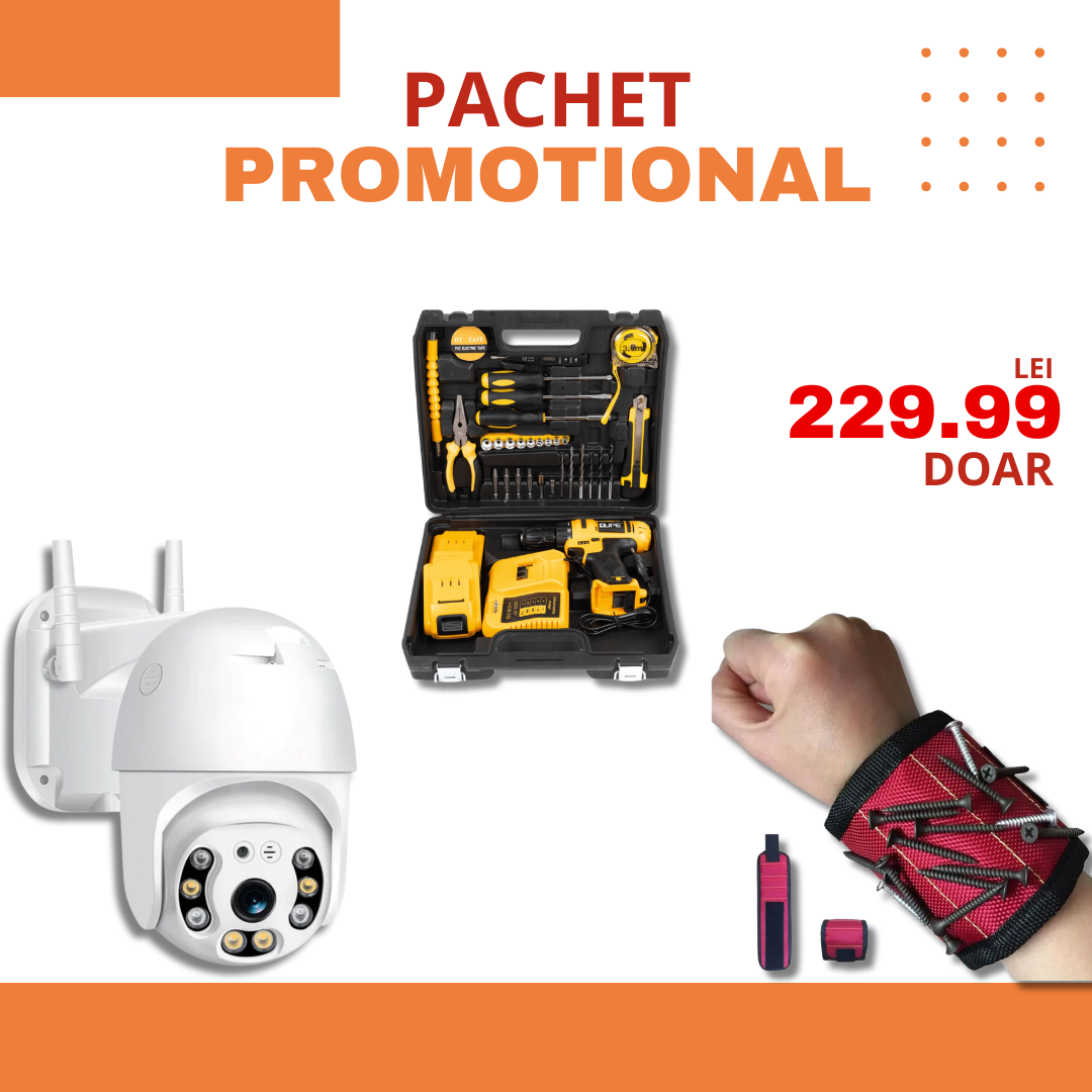 PACHET PROMOTIONAL | Camera Smart IP Wireless 4K + Trusa Autofiletanta cu 30x unelte profesionale + Bratara Magnetica de Incheietura