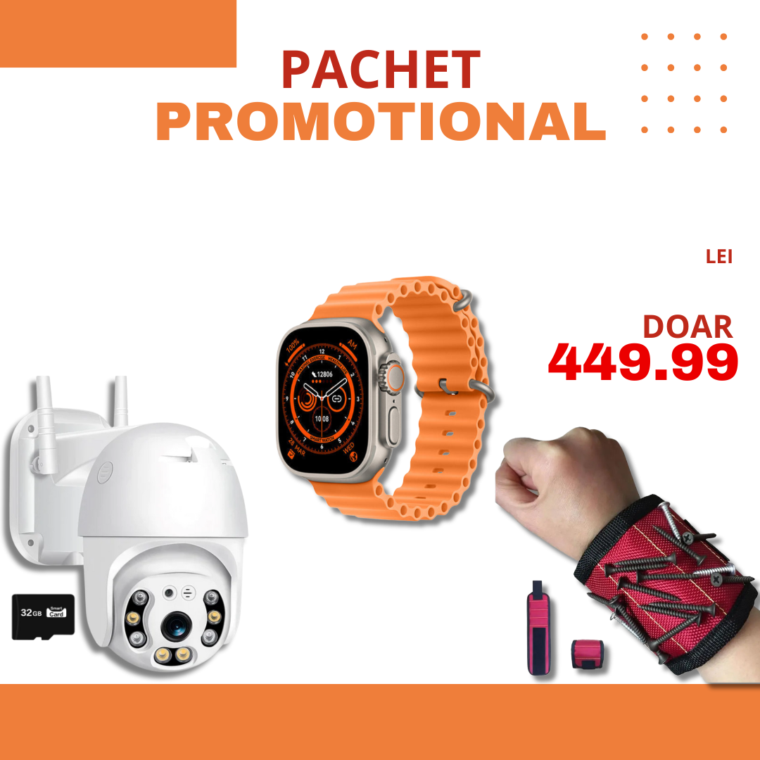 PACHET PROMOTIONAL | Camera Smart IP Wireless 4K + Ceas inteligent SmartWatchPlus + Bratara Magnetica de Incheietura