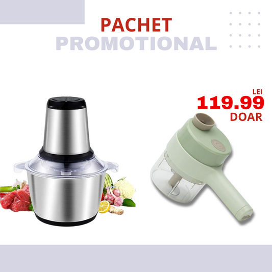 PACHET PROMOTIONAL | Tocator electric, cu vas din inox + Tocator si maruntitor electric 4in1